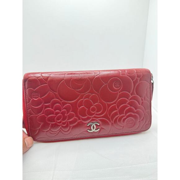 CHANEL Handbags - CHANEL - Red Camellia Embossed Lambskin Leather L Yen Wallet